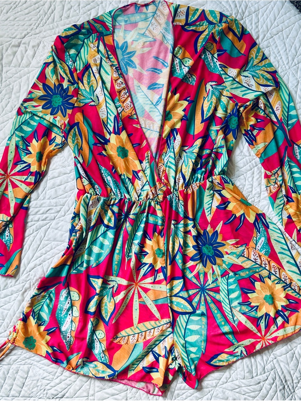 Pink Tropical Print Mesh Cover Up Romper